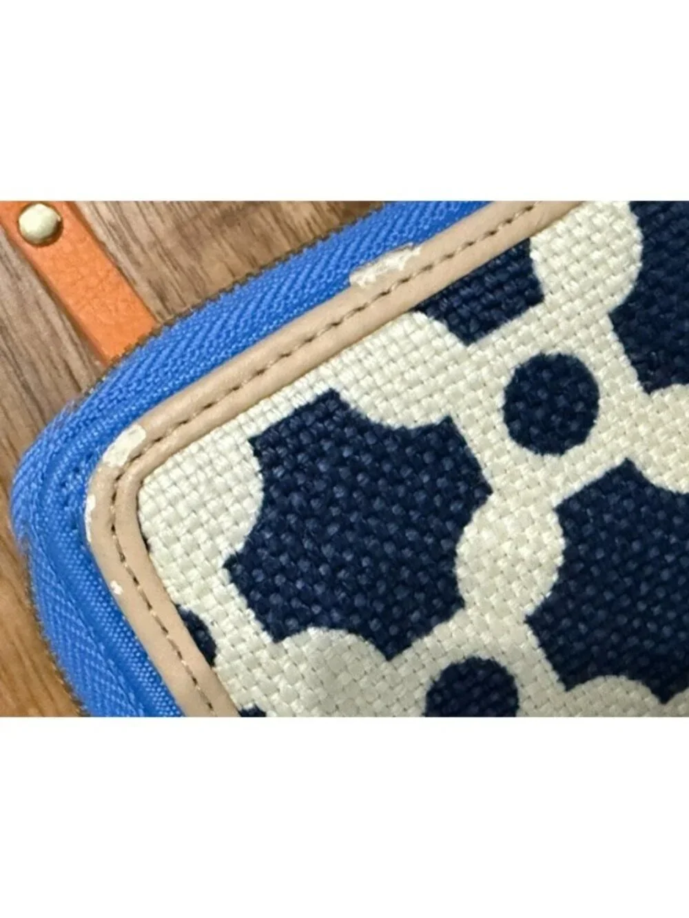Spartina 449 May River Wallet Starfish Linen Leather Tan Navy White Snap Zip Aro